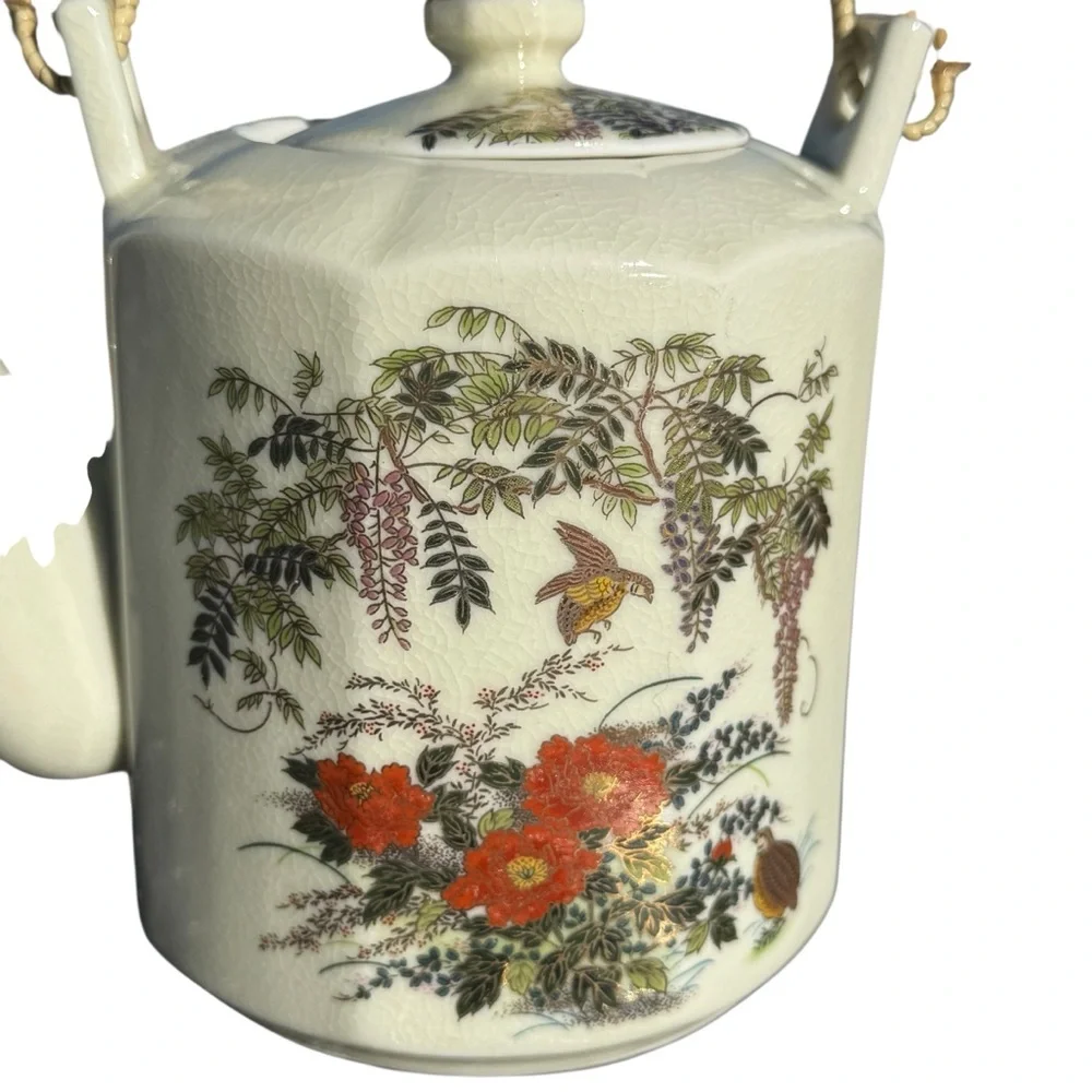 VINTAGE SATSUMA JAPAN PORCELAIN TEAPOT & SIX CUPS SET — FLORAL & BIRD DESIGN